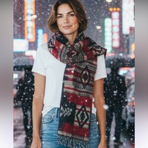 Tartán Geometric Patterned Scarf Red & Black 100% Scottish Cashmere 12”W x 70”L